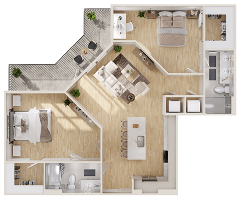 Floor plan for 2 beds, 2 baths, 1171 sqft